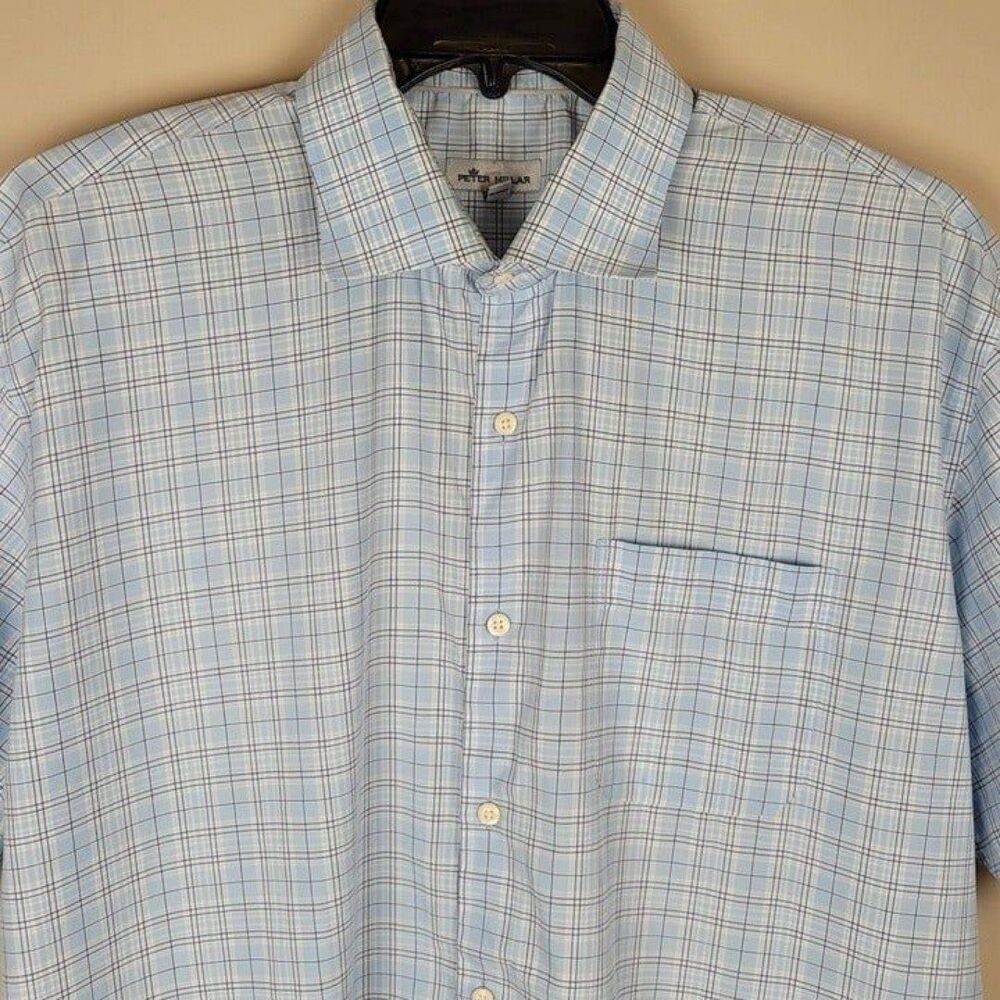 Peter Millar Size XXL Plaid Short Sleeve Button Up Shirt Baby Blue - Picture 4 of 12